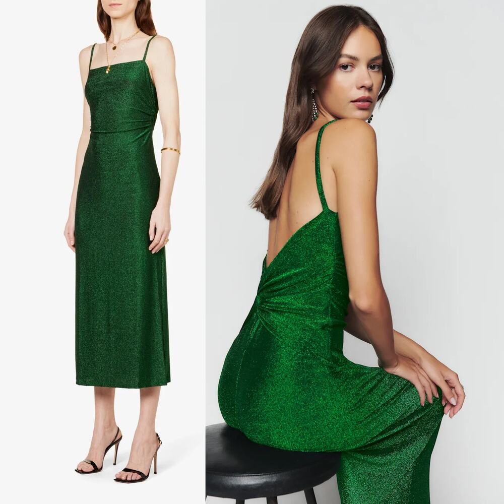 Reformation Breslyn Dress Emerald Sparkle Metallic Lurex Open Back SZ M